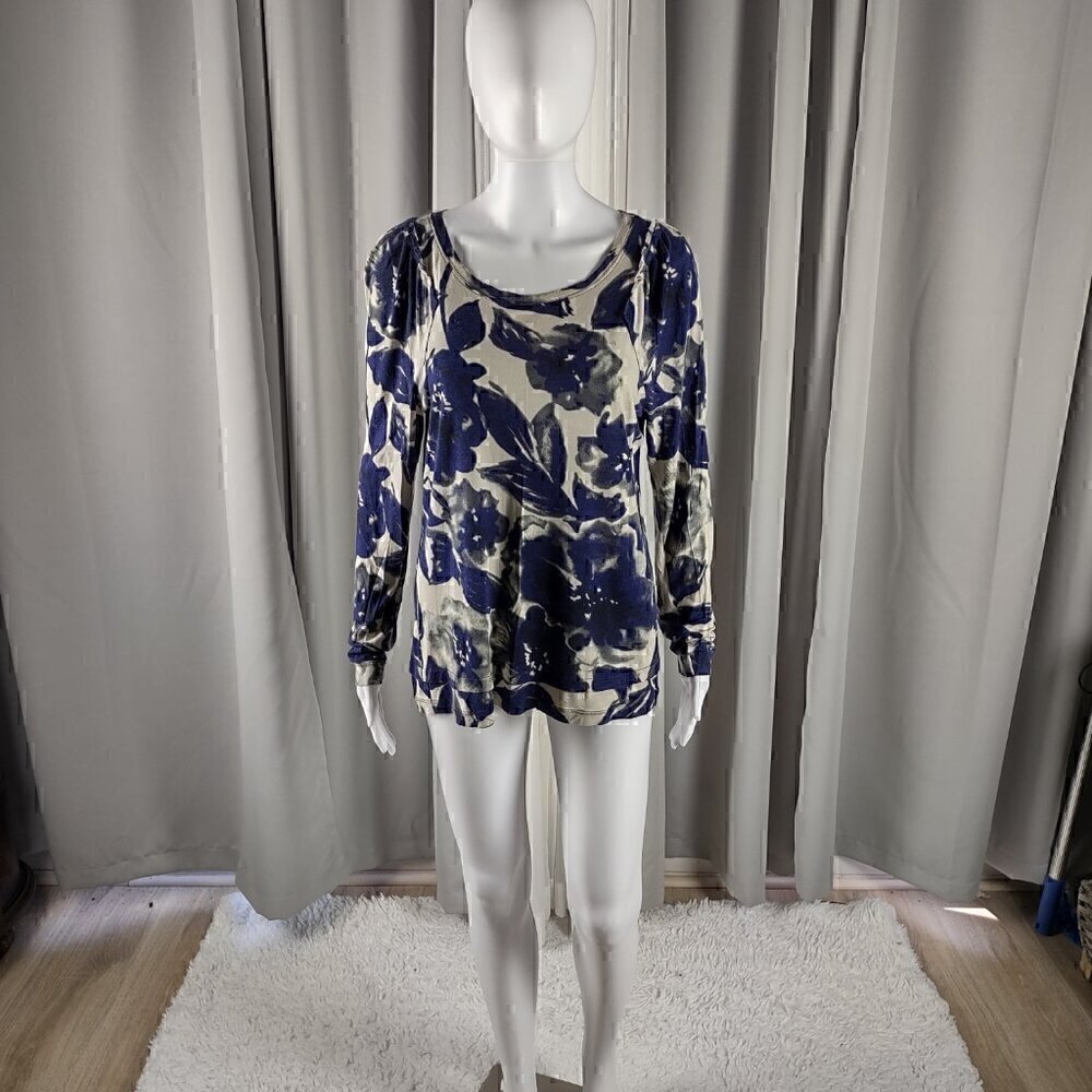 Simply Vera Womens Ivory Blue Floral Long Sleeve Casual Knit Top Size Large